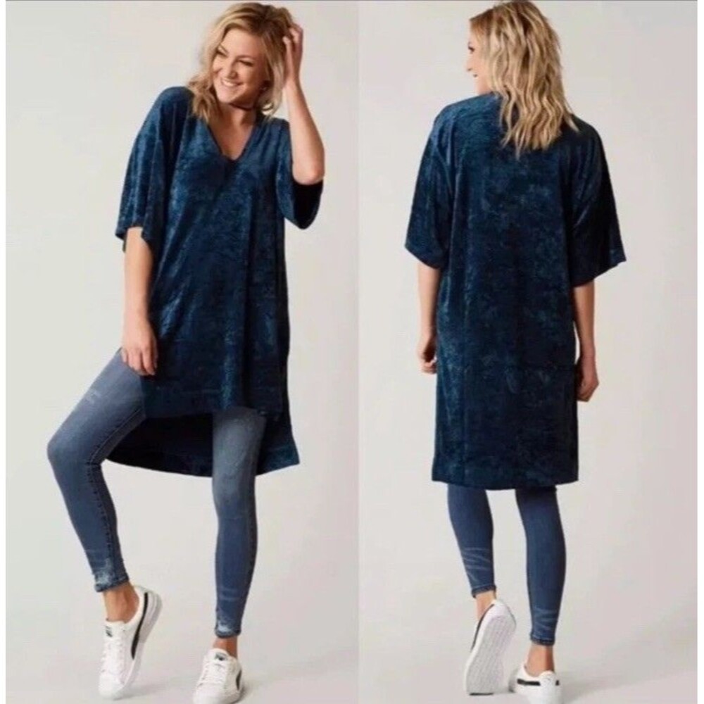 Free‎ People Luxe Tee Crushed Velvet Tunic Dress Blue Oversized Boho Small P/S